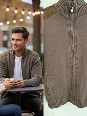 American Stitch Full Zip Sweater Jacket Brown Faux Suede Trim Men’s Medium